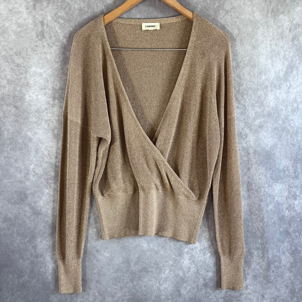 L'AGENCE Wrap Front Sweater‎ Womens Medium Gold Metallic Shimmer Dolman 8500RKP